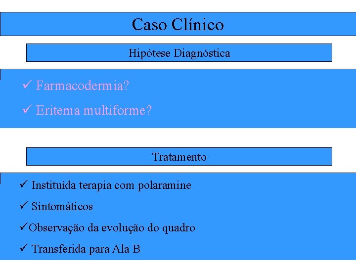 Caso Clínico Hipótese Diagnóstica ü Farmacodermia? ü Eritema multiforme? Tratamento ü Instituída terapia com