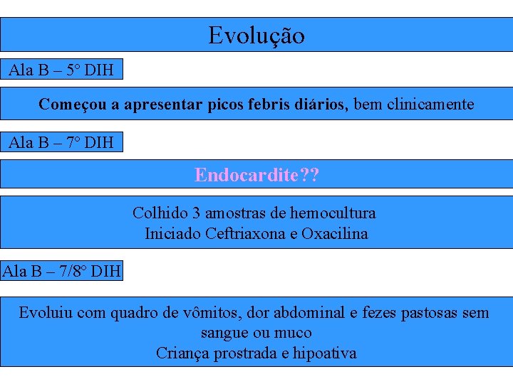 Evolução Ala B – 5º DIH Começou a apresentar picos febris diários, bem clinicamente