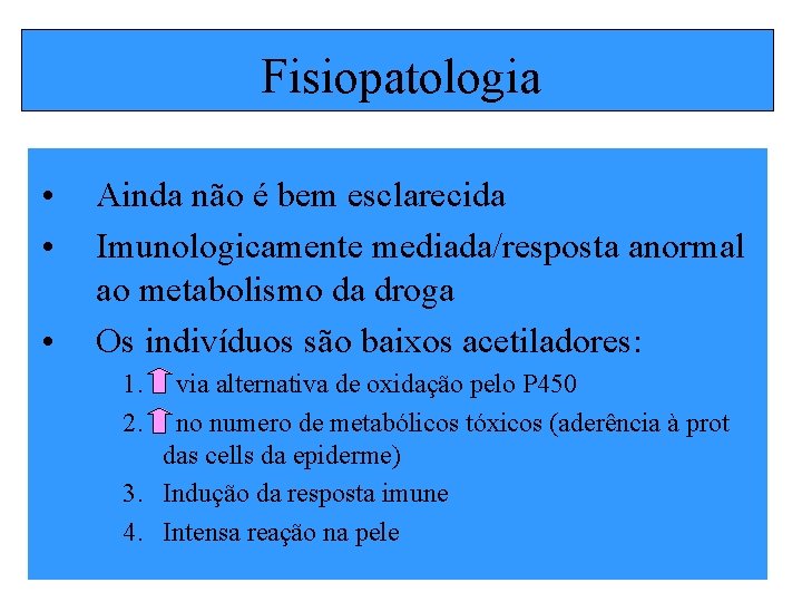 Fisiopatologia • • • Ainda não é bem esclarecida Imunologicamente mediada/resposta anormal ao metabolismo