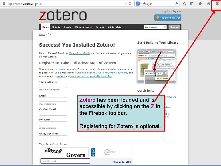 Zotero has been loaded and is accessible by clicking on the Z in the