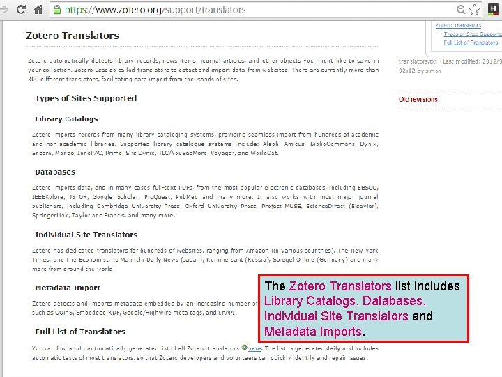 The Zotero Translators list includes Library Catalogs, Databases, Individual Site Translators and Metadata Imports.