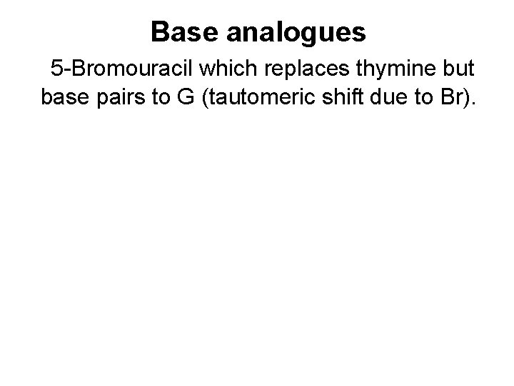 Base analogues 5 -Bromouracil which replaces thymine but base pairs to G (tautomeric shift