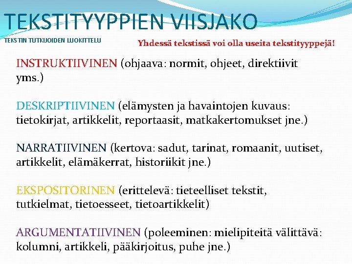 TEKSTITYYPPIEN VIISJAKO TEKSTIN TUTKIJOIDEN LUOKITTELU Yhdessä tekstissä voi olla useita tekstityyppejä! INSTRUKTIIVINEN (ohjaava: normit,