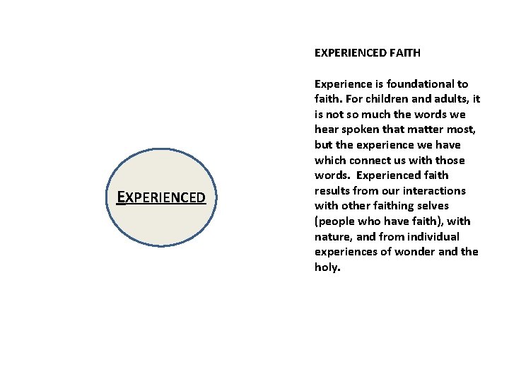 EXPERIENCED FAITH EXPERIENCED Experience is foundational to faith. For children and adults, it is