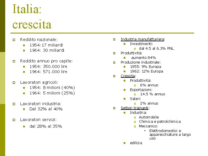 Italia: crescita p p Reddito nazionale: n 1954: 17 miliardi n 1964: 30 miliardi