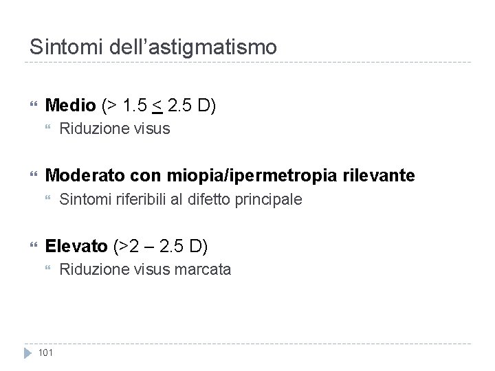Sintomi dell’astigmatismo Medio (> 1. 5 < 2. 5 D) Moderato con miopia/ipermetropia rilevante Sintomi dell’astigmatismo Medio (> 1. 5 < 2. 5 D) Moderato con miopia/ipermetropia rilevante