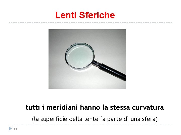 Lenti Sferiche tutti i meridiani hanno la stessa curvatura (la superficie della lente fa