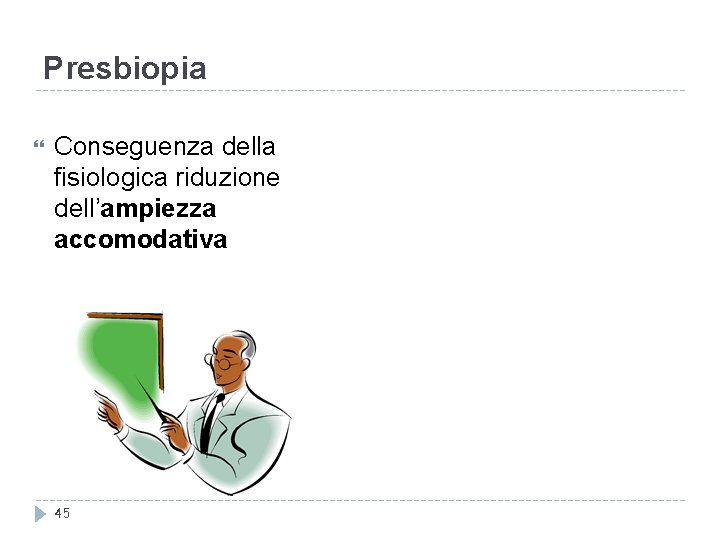 Presbiopia Conseguenza della fisiologica riduzione dell’ampiezza accomodativa 45 