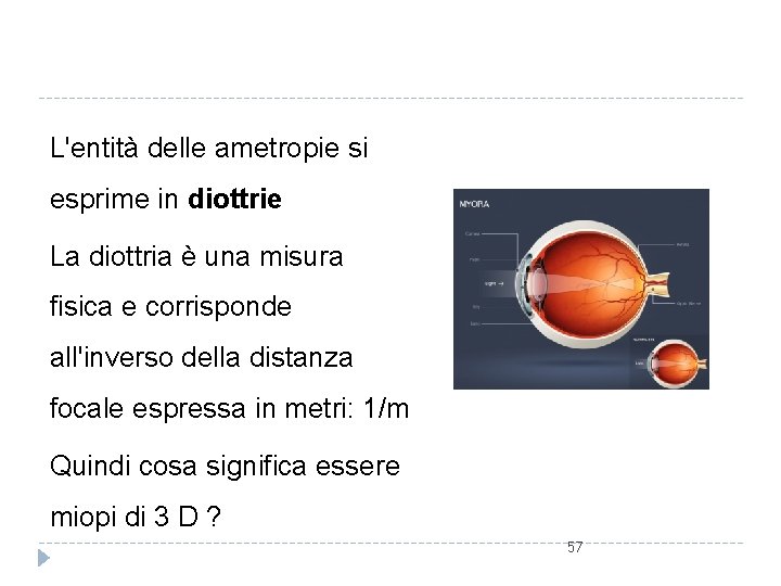 L'entità delle ametropie si esprime in diottrie La diottria è una misura fisica e