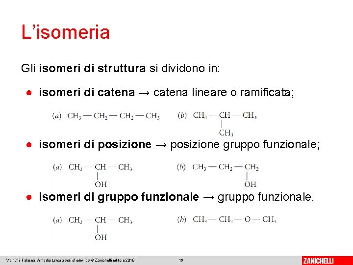 L’isomeria Gli isomeri di struttura si dividono in: ● isomeri di catena → catena