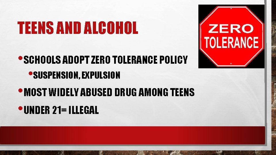 TEENS AND ALCOHOL • SCHOOLS ADOPT ZERO TOLERANCE POLICY • SUSPENSION, EXPULSION • MOST