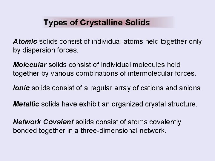 Types of Crystalline Solids Atomic solids consist of individual atoms held together only by