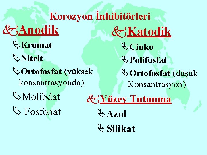 Korozyon İnhibitörleri k. Anodik k. Katodik ÄKromat ÄNitrit ÄOrtofosfat (yüksek konsantrasyonda) ÄMolibdat Ä Fosfonat