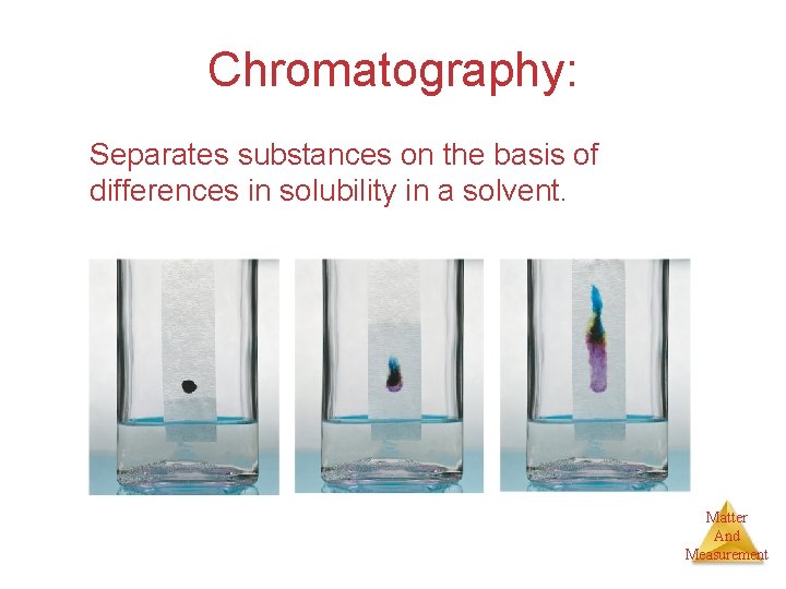 Chromatography: Separates substances on the basis of differences in solubility in a solvent. Matter