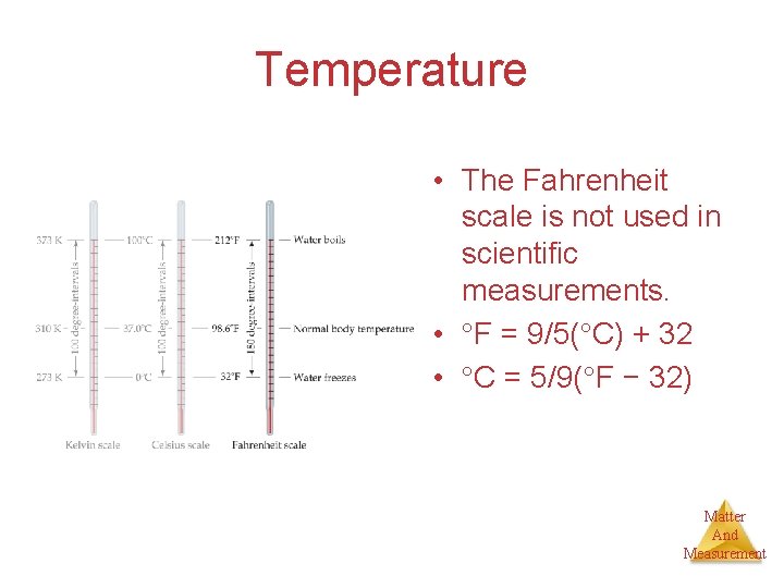 Temperature • The Fahrenheit scale is not used in scientific measurements. • F =