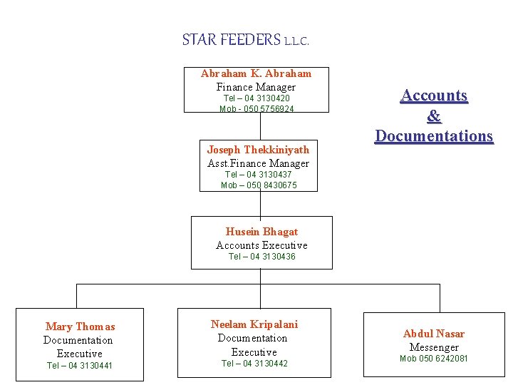 STAR FEEDERS L. L. C. Abraham K. Abraham Finance Manager Tel – 04 3130420