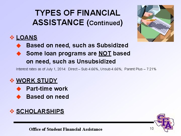 TYPES OF FINANCIAL ASSISTANCE (Continued) v LOANS u Based on need, such as Subsidized