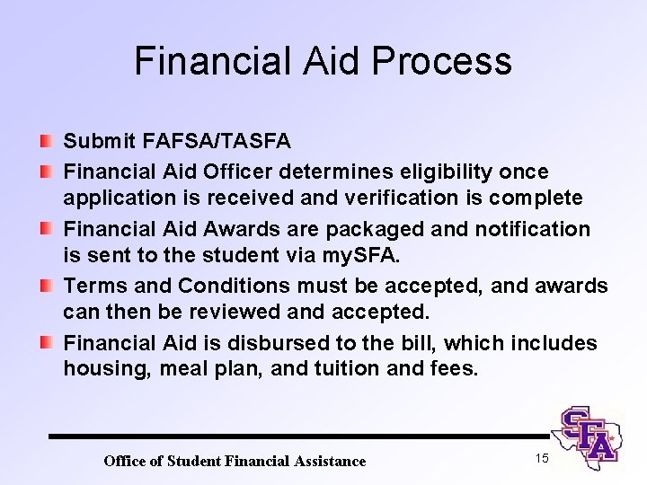 Financial Aid Process Submit FAFSA/TASFA Financial Aid Officer determines eligibility once application is received