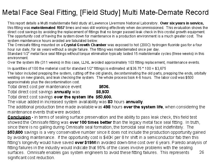 Metal Face Seal Fitting, [Field Study] Multi Mate-Demate Record This report details a Multi