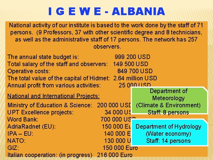 I G E W E - ALBANIA National activity of our institute is based