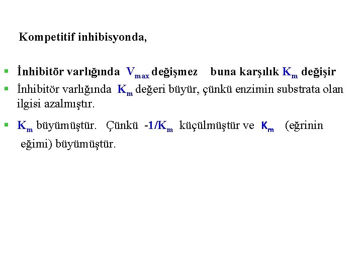 Kompetitif inhibisyonda, § İnhibitör varlığında Vmax değişmez buna karşılık Km değişir § İnhibitör varlığında