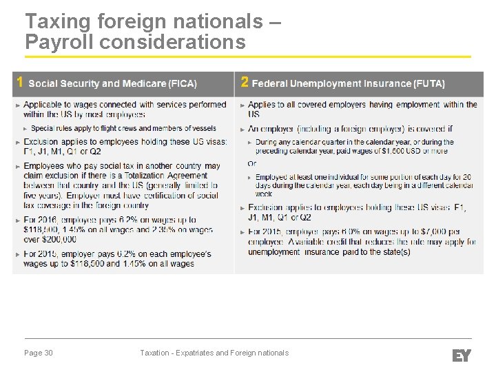 Taxing foreign nationals – Payroll considerations Page 30 Taxation - Expatriates and Foreign nationals