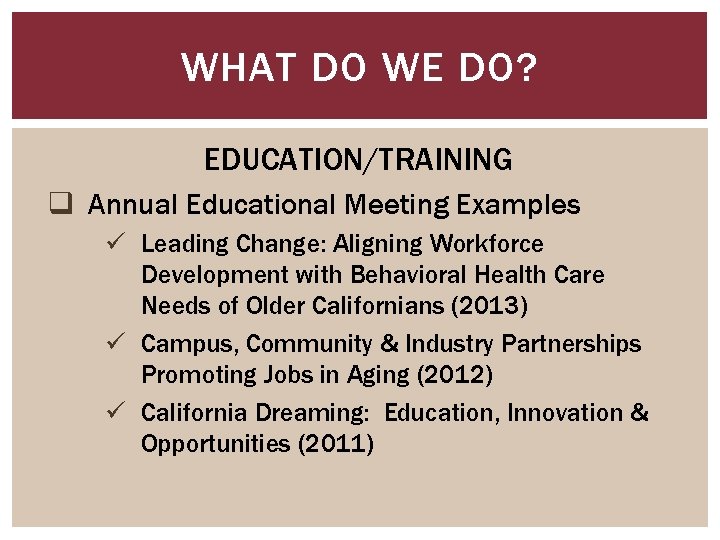 WHAT DO WE DO? EDUCATION/TRAINING q Annual Educational Meeting Examples ü Leading Change: Aligning