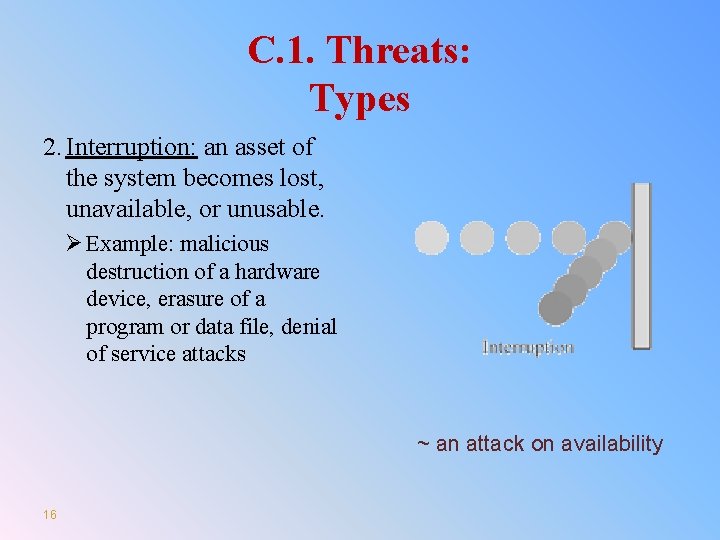 C. 1. Threats: Types 2. Interruption: an asset of the system becomes lost, unavailable,