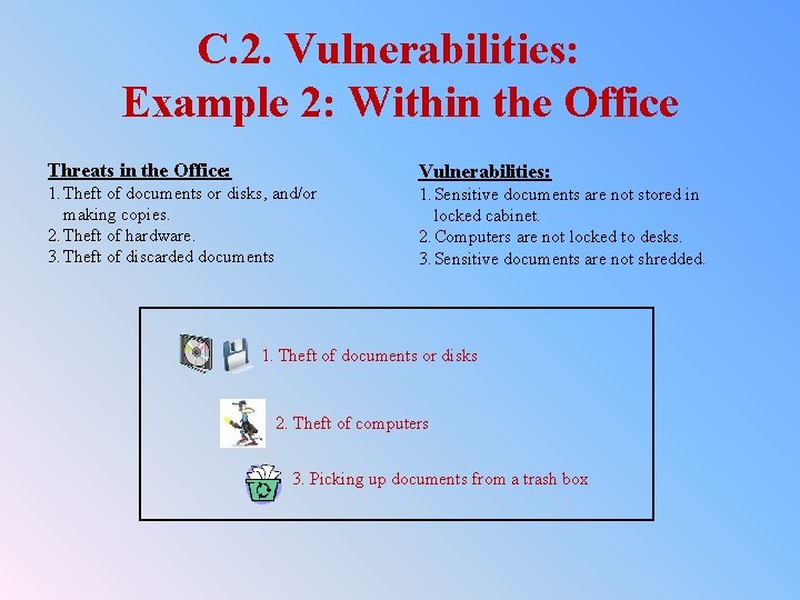 C. 2. Vulnerabilities: Example 2: Within the Office Threats in the Office: 1. Theft