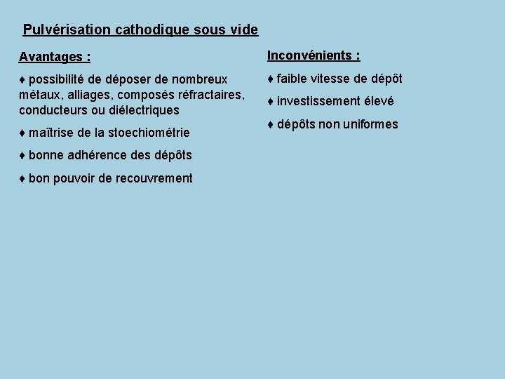 Pulvérisation cathodique sous vide Avantages : Inconvénients : ♦ possibilité de déposer de nombreux Pulvérisation cathodique sous vide Avantages : Inconvénients : ♦ possibilité de déposer de nombreux