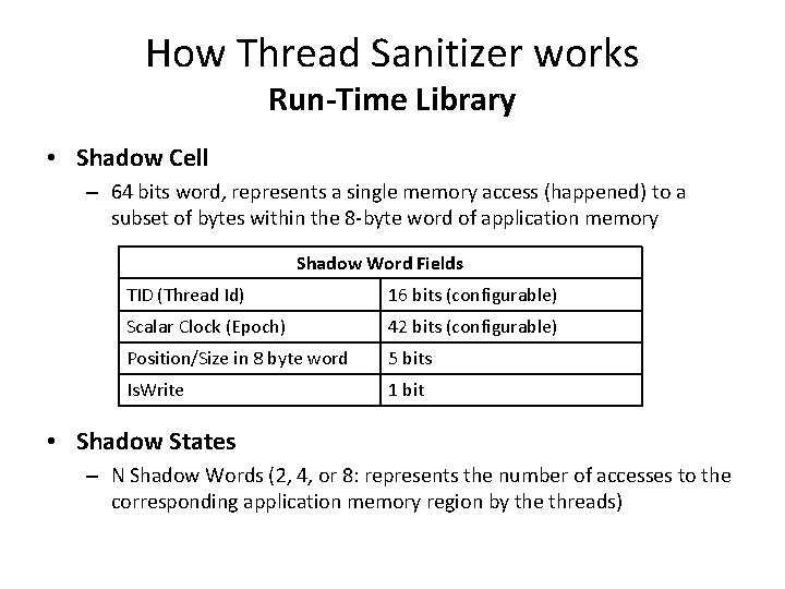 How Thread Sanitizer works Run-Time Library • Shadow Cell – 64 bits word, represents How Thread Sanitizer works Run-Time Library • Shadow Cell – 64 bits word, represents