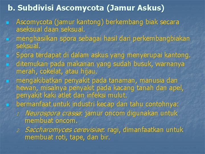 b. Subdivisi Ascomycota (Jamur Askus) n n n Ascomycota (jamur kantong) berkembang biak secara