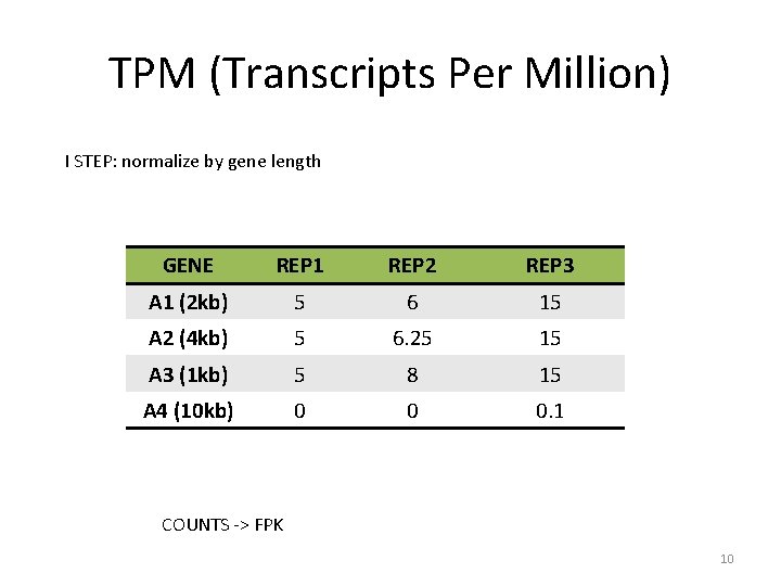 TPM (Transcripts Per Million) I STEP: normalize by gene length GENE REP 1 REP