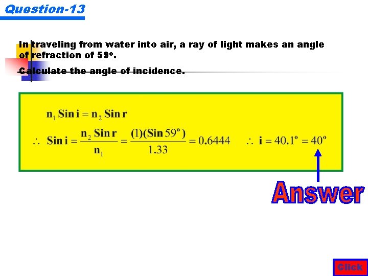Question-13 In traveling from water into air, a ray of light makes an angle