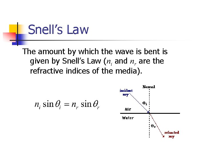 Snell’s Law The amount by which the wave is bent is given by Snell’s