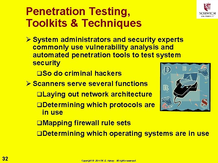 Penetration Testing, Toolkits & Techniques Ø System administrators and security experts commonly use vulnerability Penetration Testing, Toolkits & Techniques Ø System administrators and security experts commonly use vulnerability