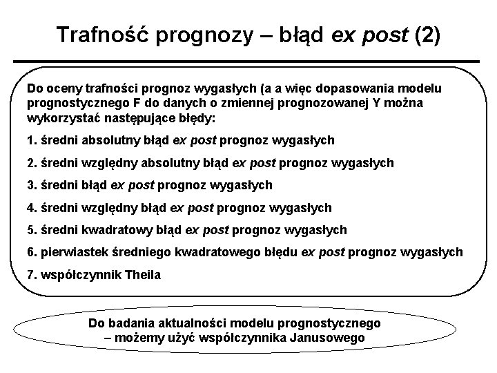 Trafność prognozy – błąd ex post (2) Do oceny trafności prognoz wygasłych (a a