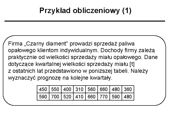 Przykład obliczeniowy (1) Firma „Czarny diament” prowadzi sprzedaż paliwa opałowego klientom indywidualnym. Dochody firmy