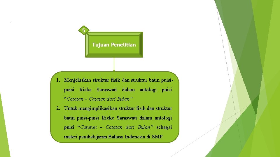 . 5 Tujuan Penelitian 1. Menjelaskan struktur fisik dan struktur batin puisi Rieke Saraswati