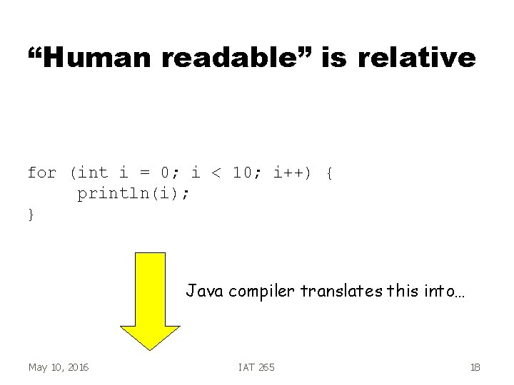 “Human readable” is relative for (int i = 0; i < 10; i++) {