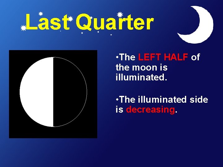 Last Quarter • The LEFT HALF of the moon is illuminated. • The illuminated