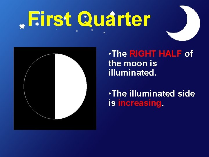 First Quarter • The RIGHT HALF of the moon is illuminated. • The illuminated