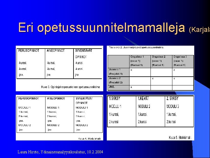 Eri opetussuunnitelmamalleja (Karjala Laura Hirsto, Ydinainesanalyysikoulutus, 10. 2. 2004 