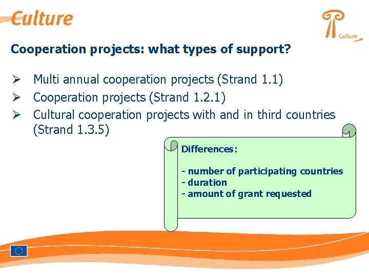 Cooperation projects: what types of support? Ø Multi annual cooperation projects (Strand 1. 1)