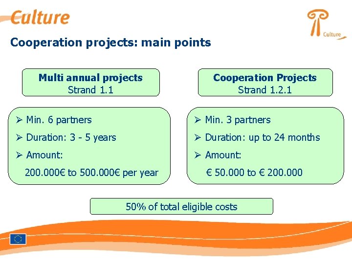 Cooperation projects: main points Multi annual projects Strand 1. 1 Cooperation Projects Strand 1.