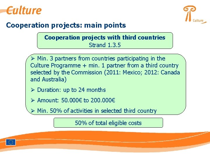 Cooperation projects: main points Cooperation projects with third countries Strand 1. 3. 5 Ø