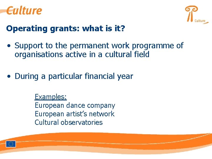 Operating grants: what is it? • Support to the permanent work programme of organisations