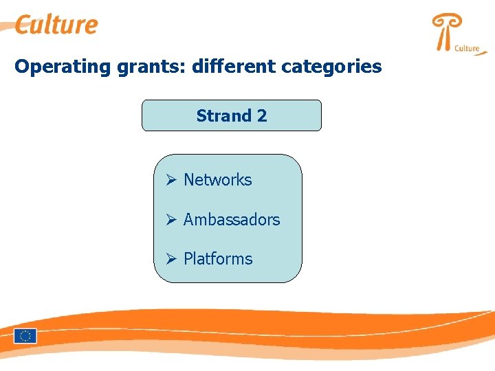 Operating grants: different categories Strand 2 Ø Networks Ø Ambassadors Ø Platforms 