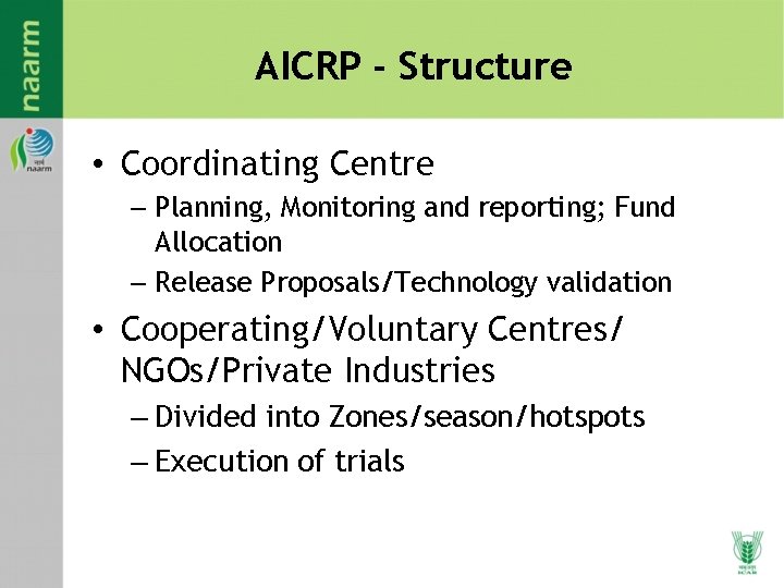 AICRP - Structure • Coordinating Centre – Planning, Monitoring and reporting; Fund Allocation – AICRP - Structure • Coordinating Centre – Planning, Monitoring and reporting; Fund Allocation –