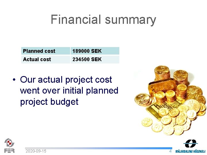 Financial summary Planned cost 189000 SEK Actual cost 234500 SEK • Our actual project